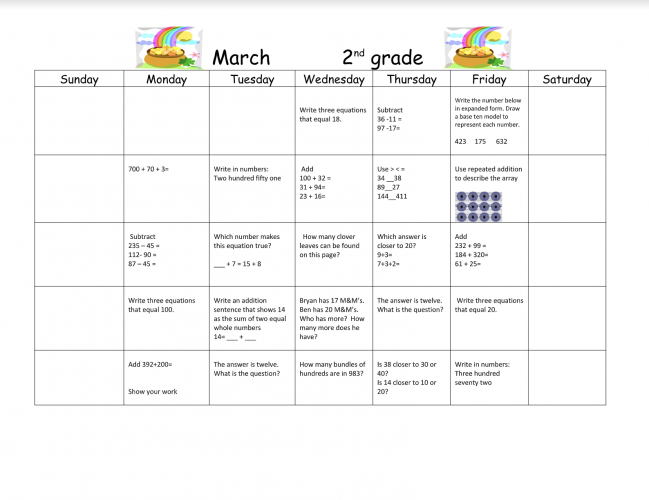 2nd Grade March Math Calendar