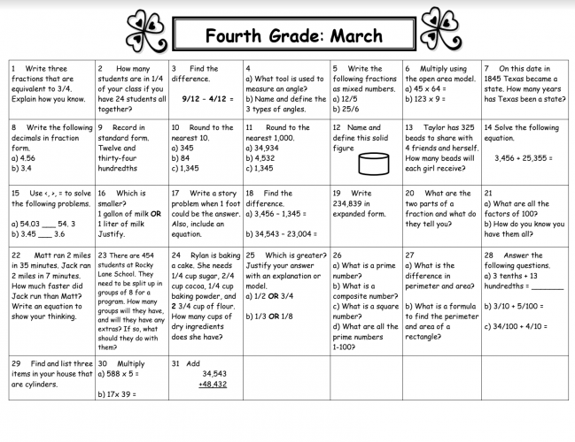 4th Grade March Math Calendar