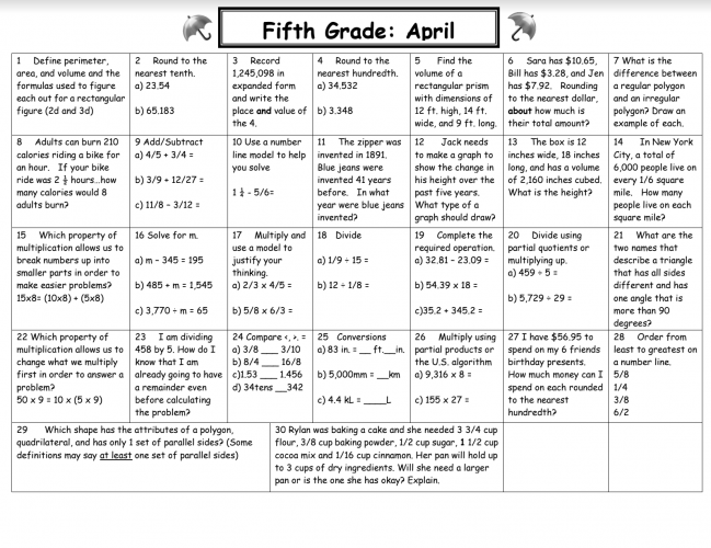 5th Grade April Math Calendar